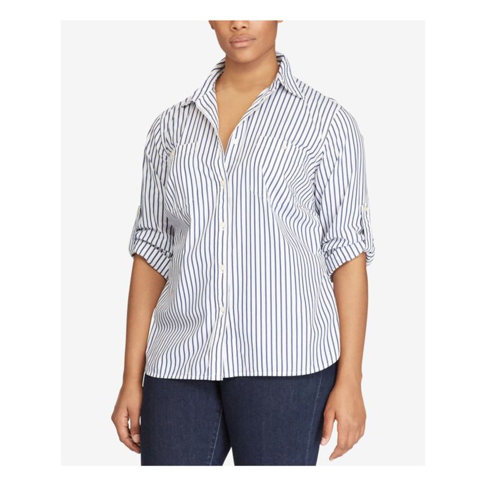 LAUREN JEAN CO. Womens White Roll-tab Sleeve Wear To Work Button Up Top Plus 2X